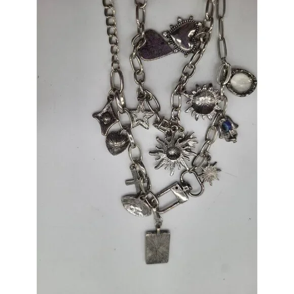 Silver Tone Charm Necklace Tarot Sun Evil Eye Hamsa Hand Cross Hearts Stars Goth - Picture 9 of 10